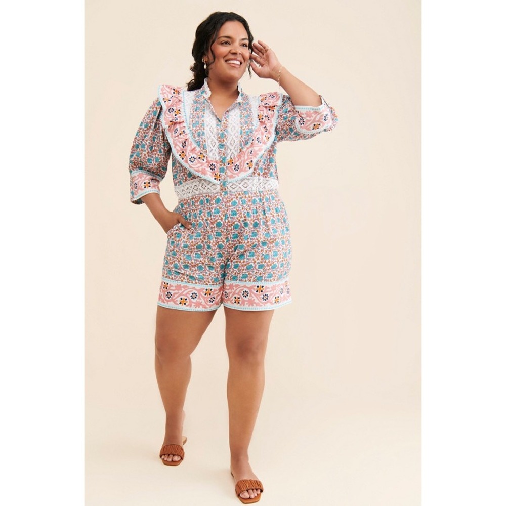Nuuly Place Nationale Romper Floral Block Print Ruffle Lace Pink Teal Size L